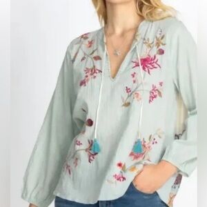 JOHNNY WAS SILK EMBROIDERED BOHEMIAN FLORAL Scarf Back Blouse